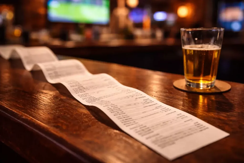 Long ticket de pari sportif avec plusieurs sélections déroulé sur un comptoir de bar sportif