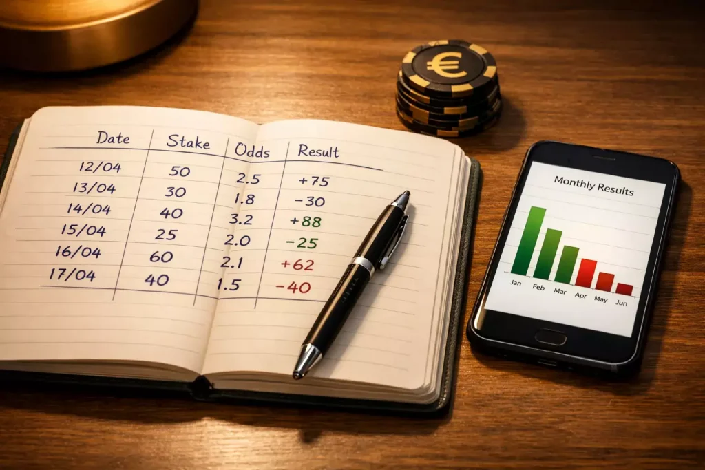 Bankroll management paris combinés : carnet de suivi des mises ouvert sur un bureau