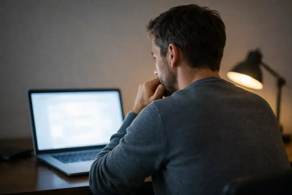 Homme réfléchissant devant un écran affichant un pari combiné en cours avec option de cashout