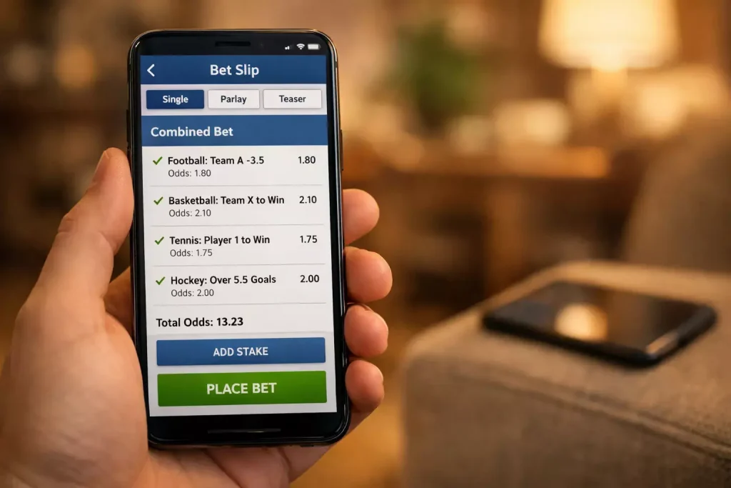 Choisir un bookmaker pour ses combinés : smartphone ouvert sur une application de paris sportifs