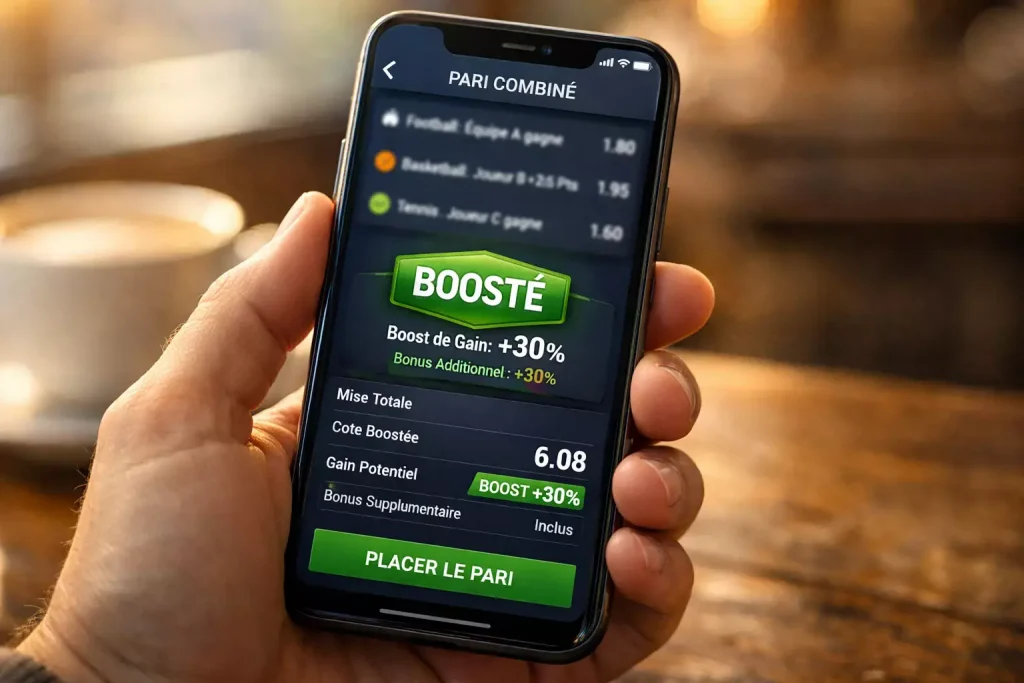 Combi Boosté Parions Sport : écran de téléphone avec un ticket combiné boosté