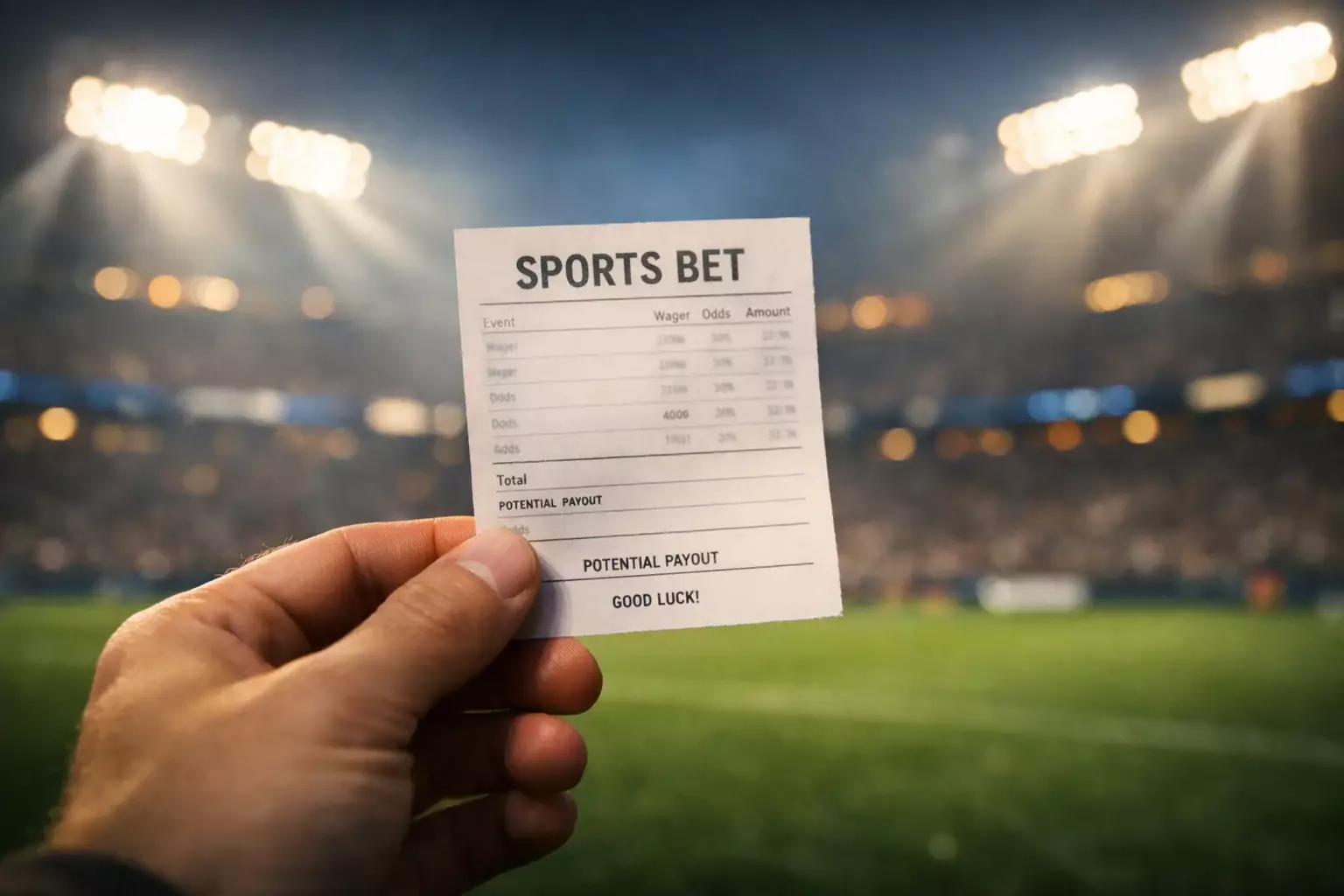 Ticket de pari combiné sur fond de stade de football éclairé la nuit