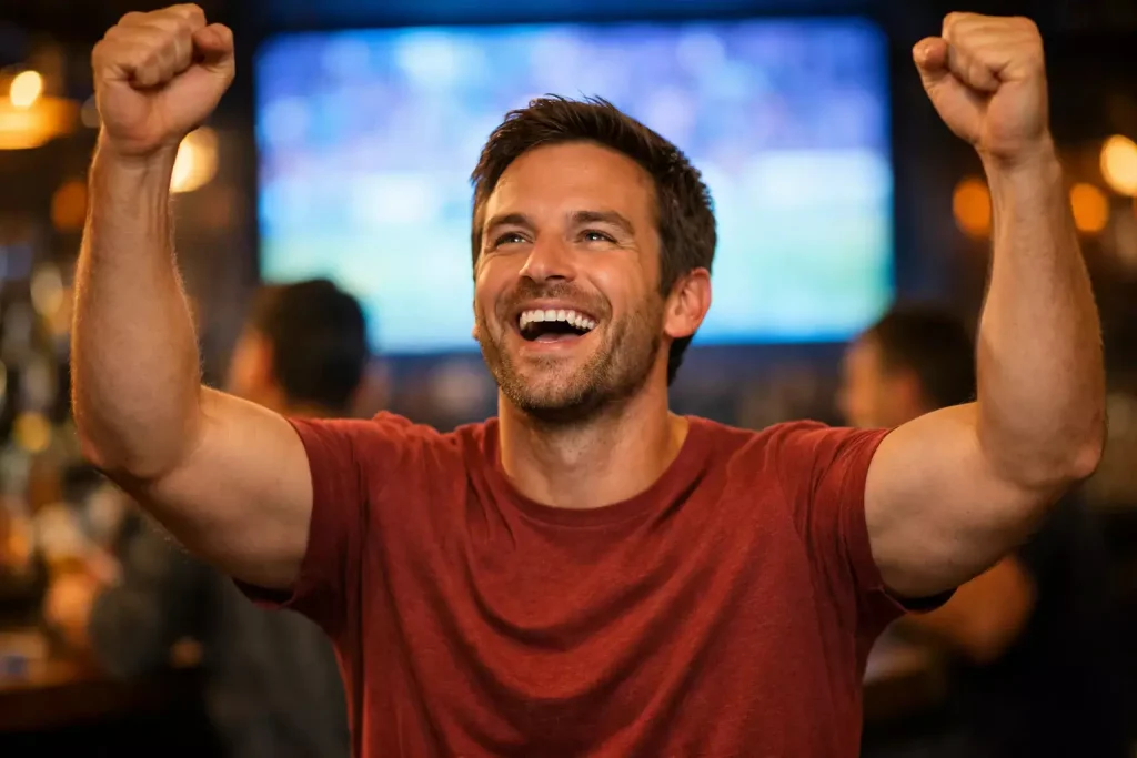 Supporter de football célébrant un pari gagnant devant un grand écran dans un bar sportif