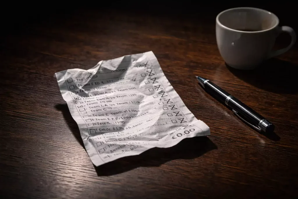 Erreurs débutant pari combiné : ticket de paris sportifs froissé sur une table