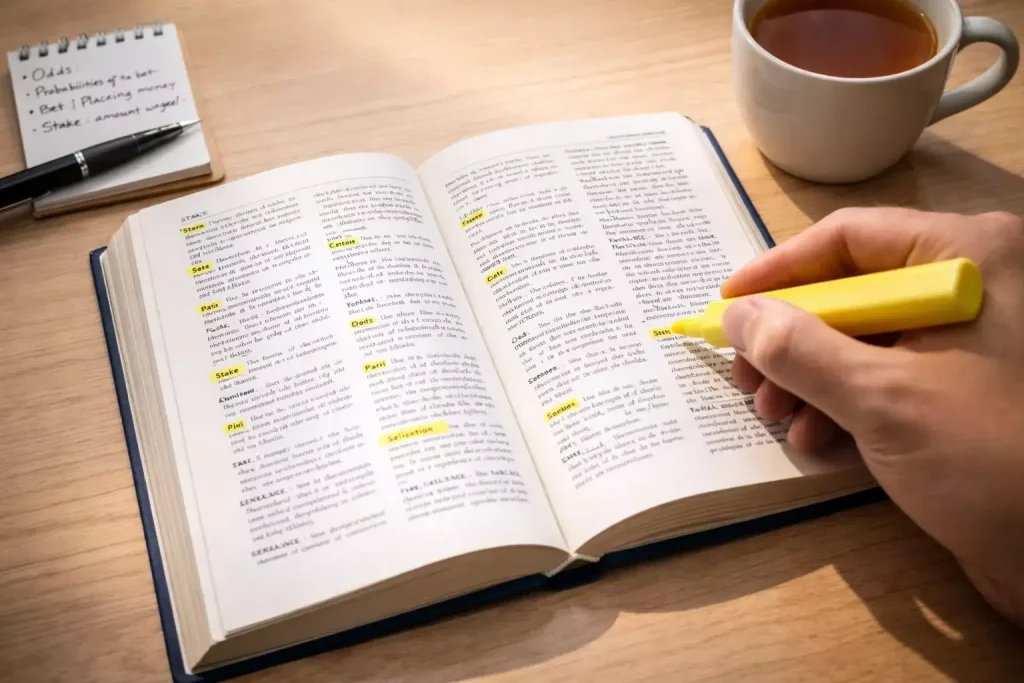 Glossaire paris combinés : page de dictionnaire ouverte avec des termes de paris sportifs surlignés