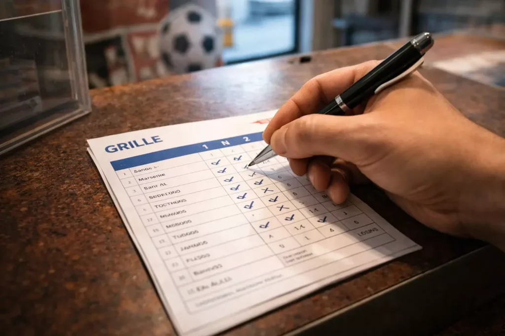 Grilles Loto Foot : grille de pronostics 1N2 remplie à la main sur un comptoir de bureau de tabac