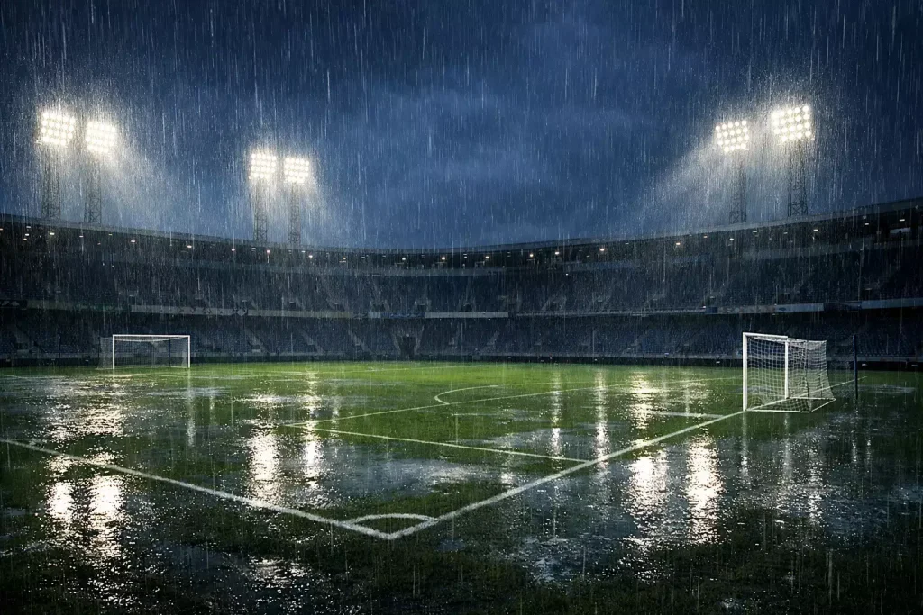 Match annulé pari combiné : terrain de football vide sous la pluie avec projecteurs allumés