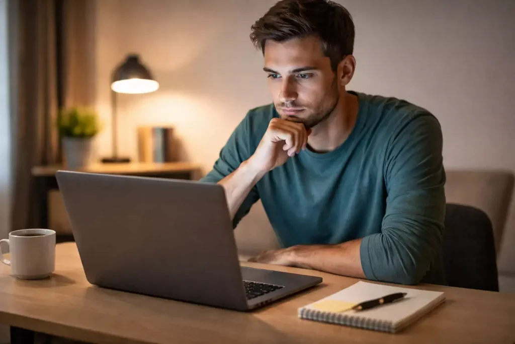 Jeune homme concentré analysant des statistiques sportives sur un ordinateur portable dans un bureau