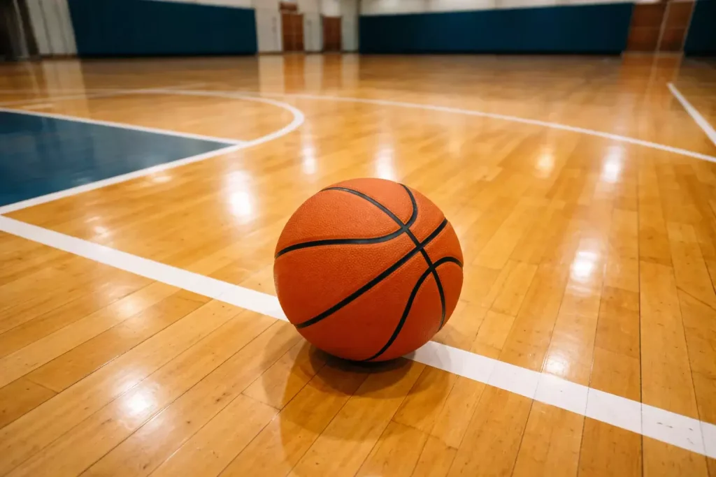 Ballon de basketball sur un parquet de salle avec les lignes du terrain visibles