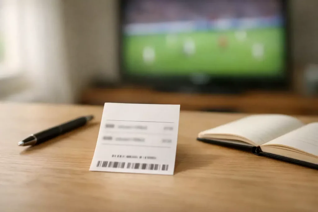 Ticket de pari combiné avec trois sélections de football sur un bureau à côté d