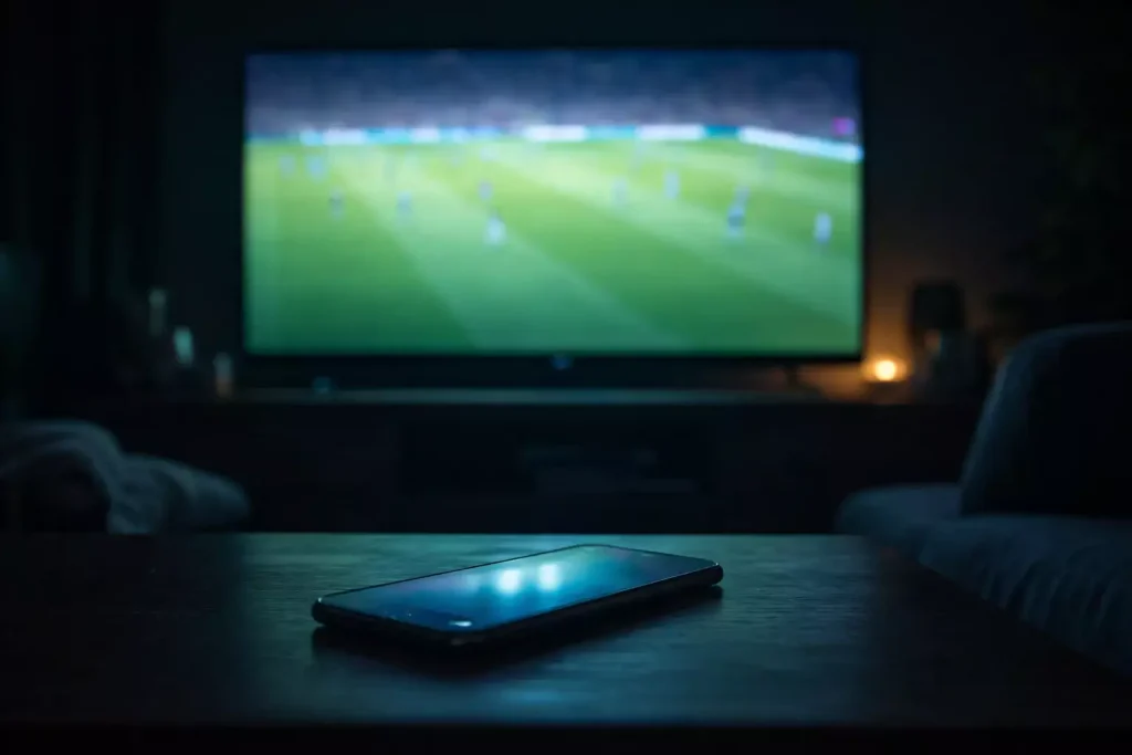 Écran de télévision diffusant un match de football en direct dans un salon sombre