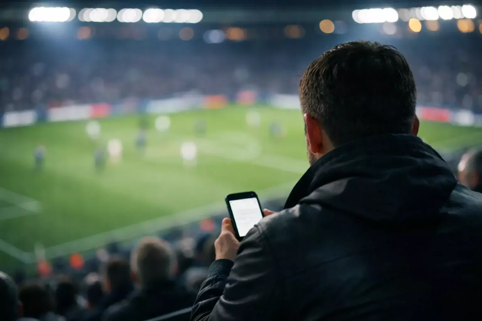Spectateur dans un stade de football consultant son téléphone pendant un match en soirée