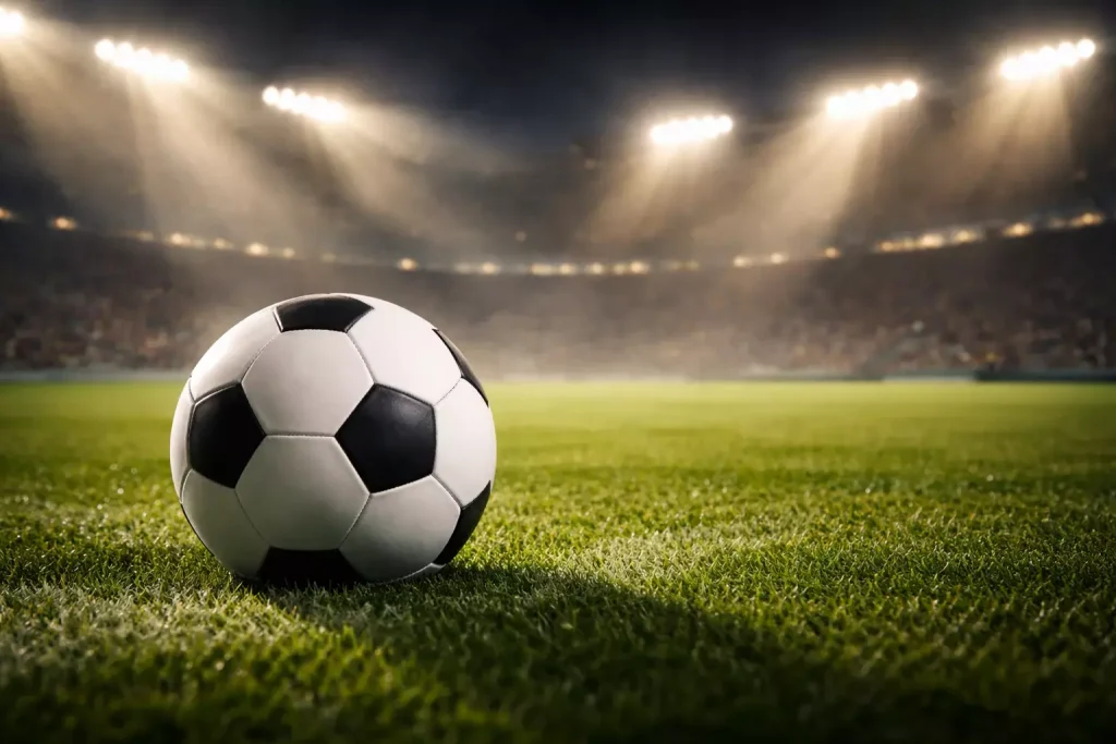 Ballon de football sur une pelouse de stade éclairée par des projecteurs en soirée