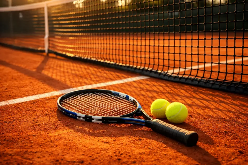 Court de tennis en terre battue avec une raquette et des balles posées au bord du filet