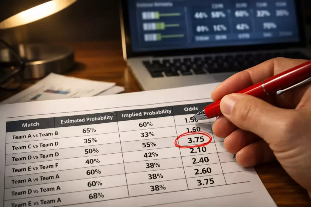 Pari combiné value bet : main entourant une cote sur un document d