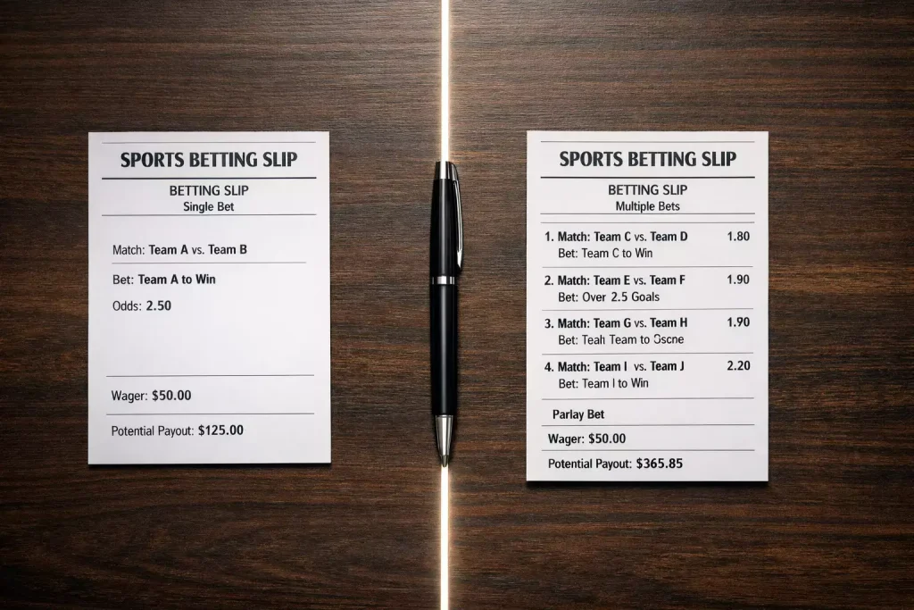 Pari combiné vs pari simple : deux tickets de paris sportifs côte à côte sur une table