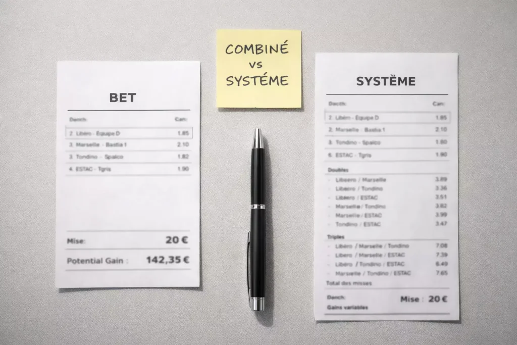 Comparaison entre pari combiné et pari système : deux tickets de paris sportifs côte à côte