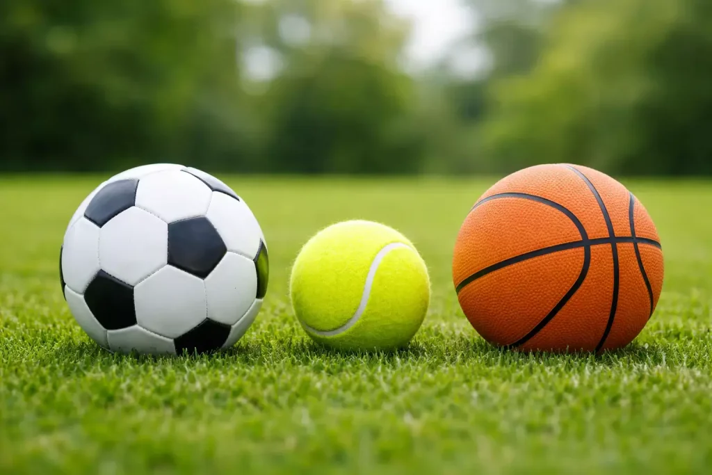 Trois ballons de sports différents alignés sur une pelouse verte — football, tennis, basketball