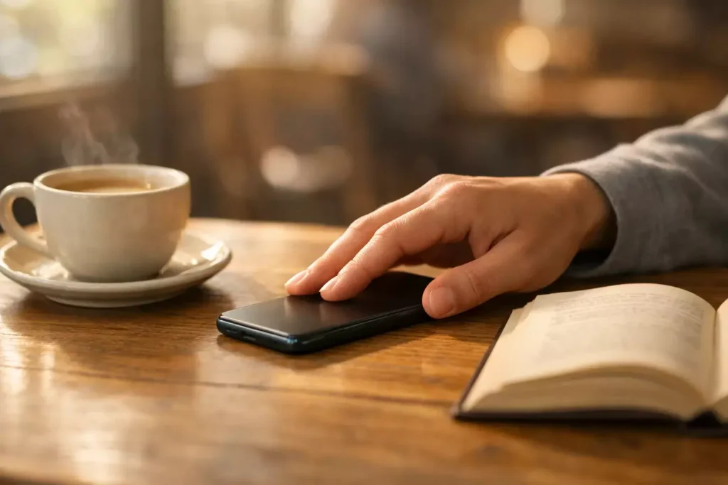 Paris combinés jeu responsable : main posant un téléphone sur une table à côté d