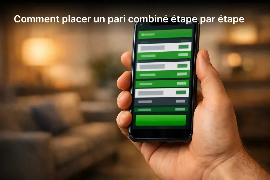 Main tenant un smartphone affichant un ticket de pari combiné sportif prêt à valider