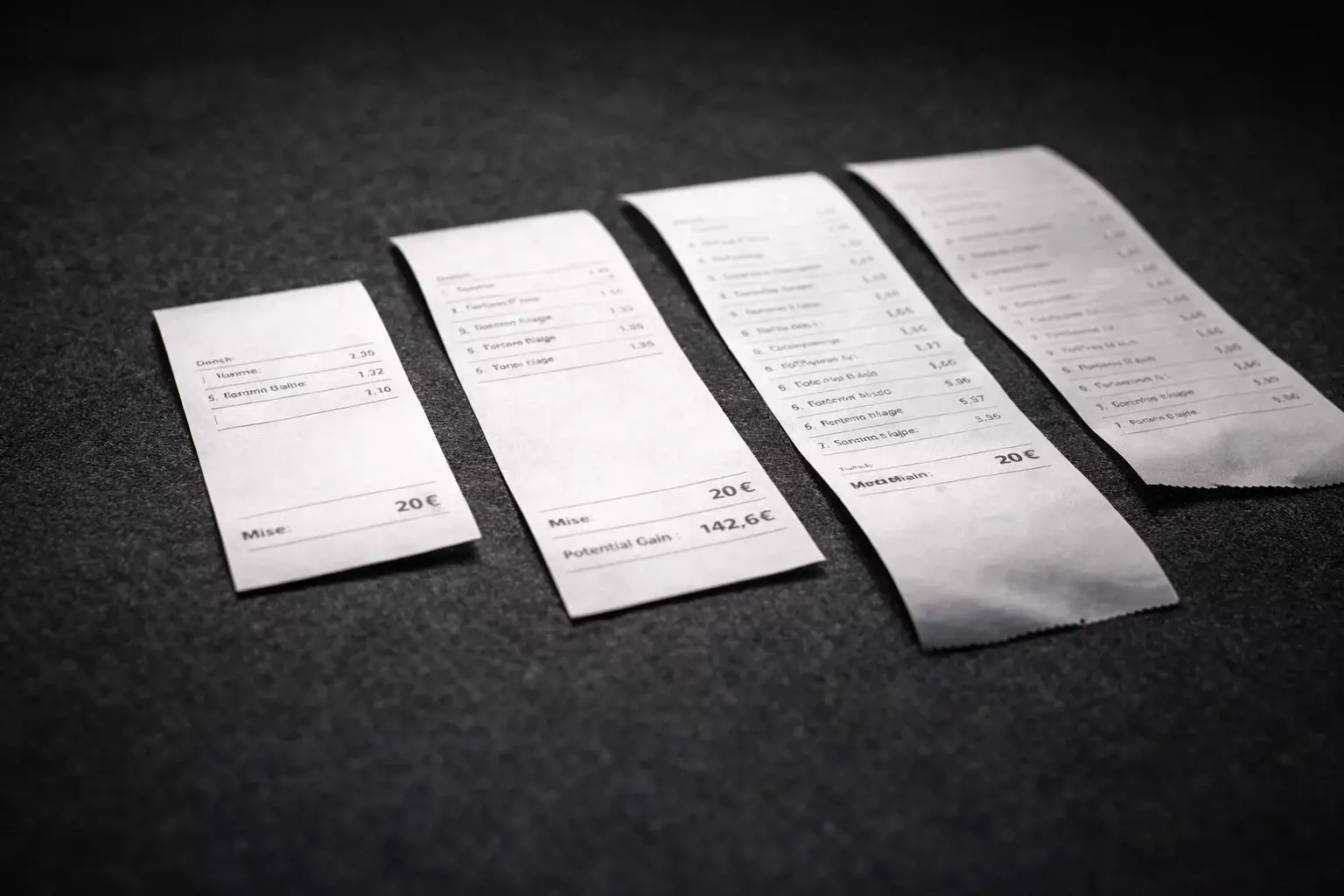 Quatre tickets de paris sportifs représentant le double, le triple, le quadruple et l'accumulateur